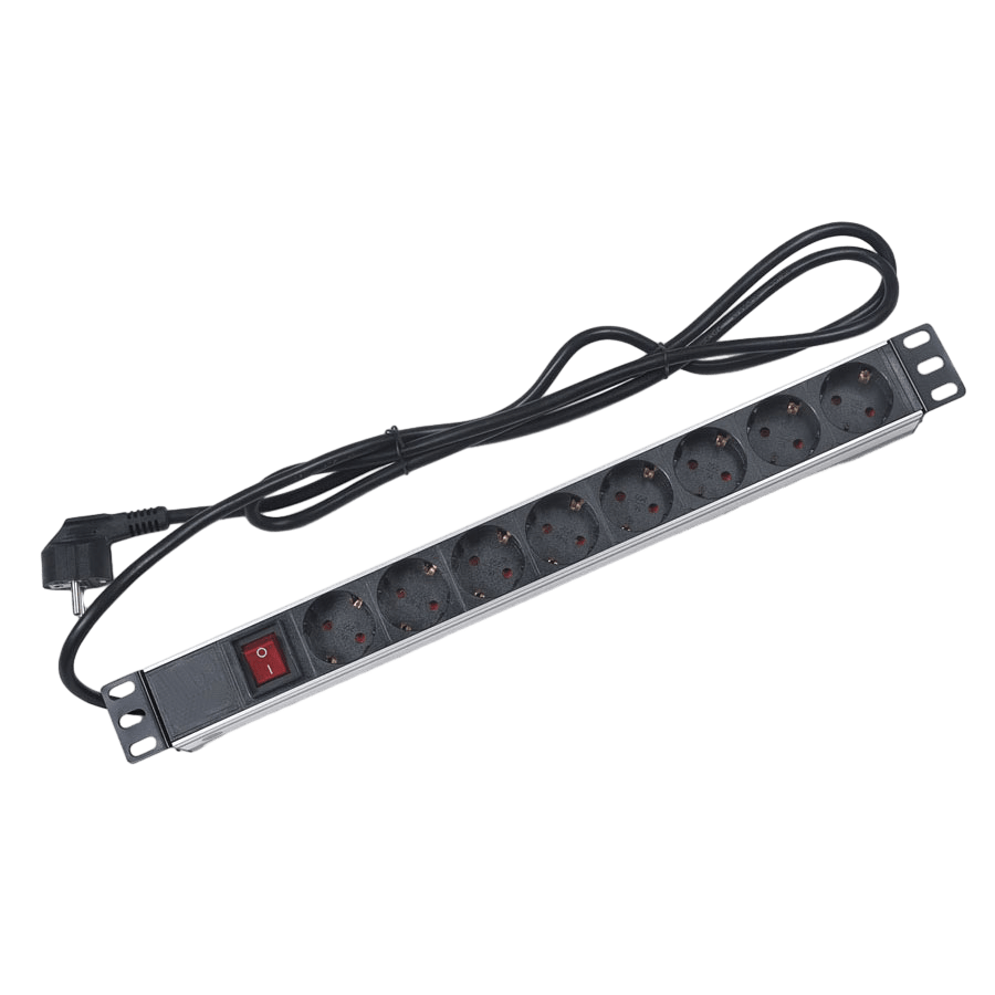 Блок розеток 19, 8 розеток Cabeus PDU-8P-2EU для 19" шкафов, горизонтальный, 16 A, выключатель, шнур 2м, алюминиевый корпус, немецкий стандарт